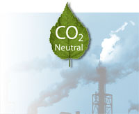 CO2 Neutral on a green leaf; emissions at an industrial plant.