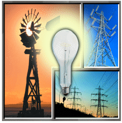 Collage with a wind mill, transmission lines and a light bulb.