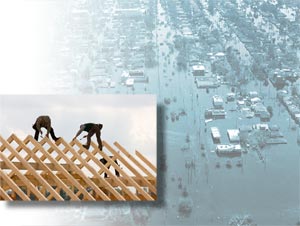 Two construction workers building the roof of a new house; An aerial view of a flooded town.