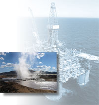 Geothermal eruption; an oil rig platform.