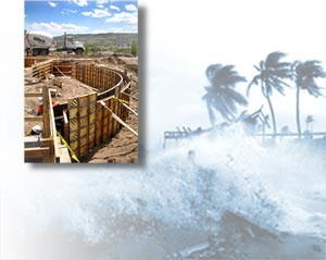 New construction with a cement truck in the background; high waves during a storm surge.